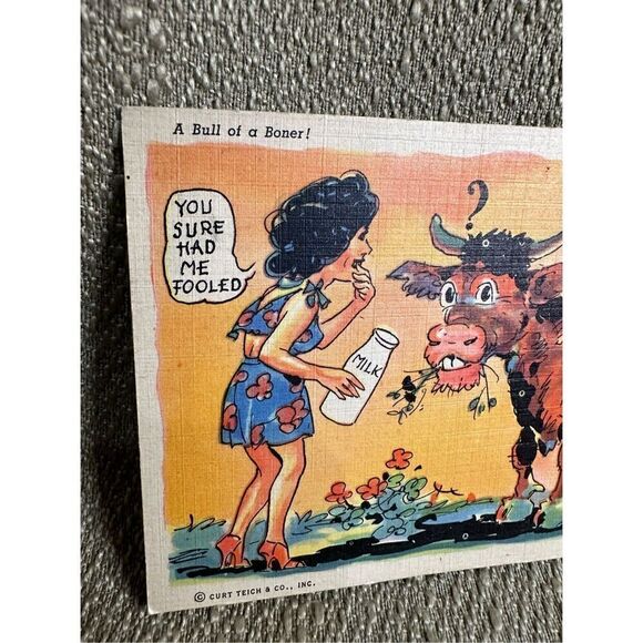 Bull Of A Boner Vintage Postcard Humor Funny Risqué 1940s Blank unused - Picture 2 of 7